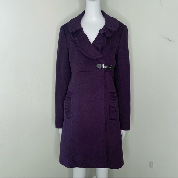 TIBI Wool Plum Coat With Ruffle Detail and Toggle Closure Size 6 - Picture 3 of 16
